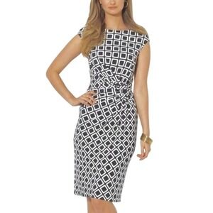 Lauren Ralph Lauren Black White Geometric Square Knot Front Sheath Dress 8